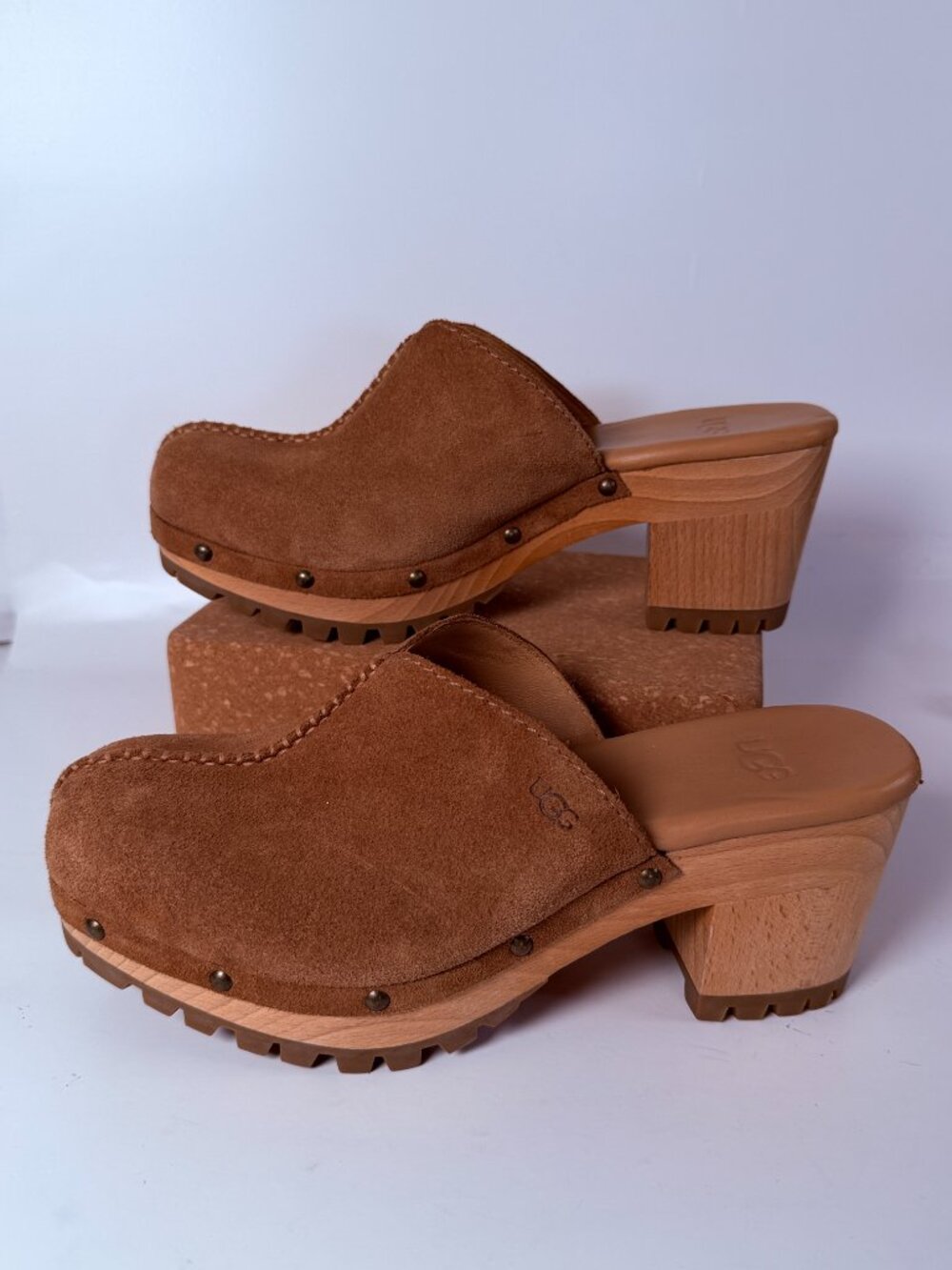 Suede Mule Clogs Chunky Wood Platform Lug Sole Part Shearling Insole US 8 EU 39 - Picture 2 of 9